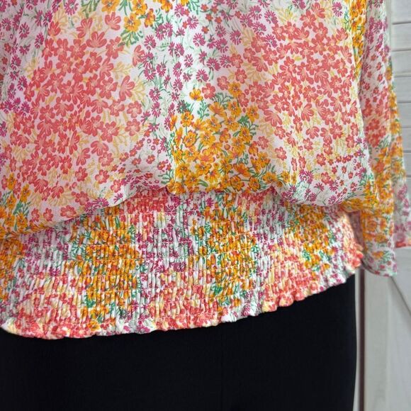Sam & Jess Floral Butterfly Sleeve Smocked Waist Blouse Pink Multi Large - Picture 8 of 14